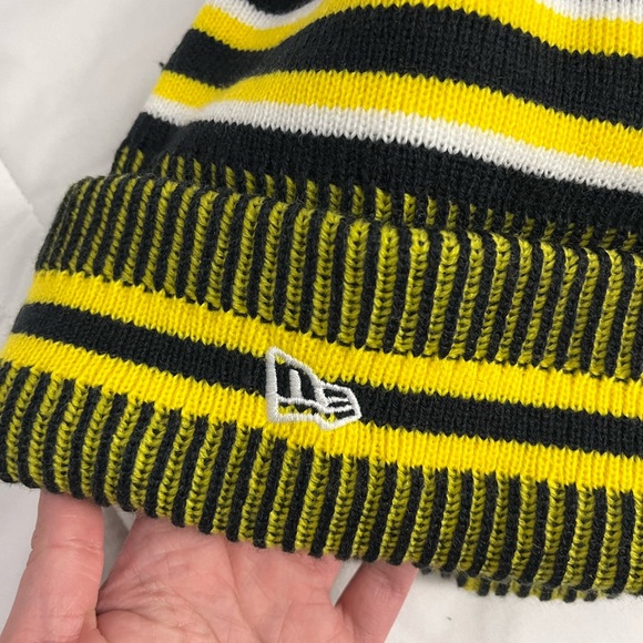 Knit and fleece blue, yellow, and white striped University of Michigan beanie - Picture 2 of 5
